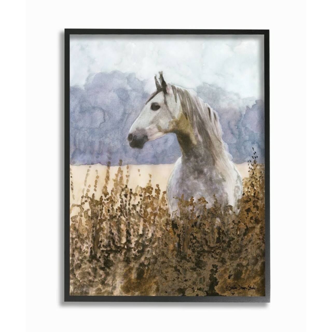 Stupell Industries Wild Horse in Tall Grass Wall Art in Black Frame